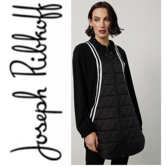 Joseph Ribkoff Long Jacket Quilted Front Back White Stripe Zip Size 8 Black - Picture 1 of 16